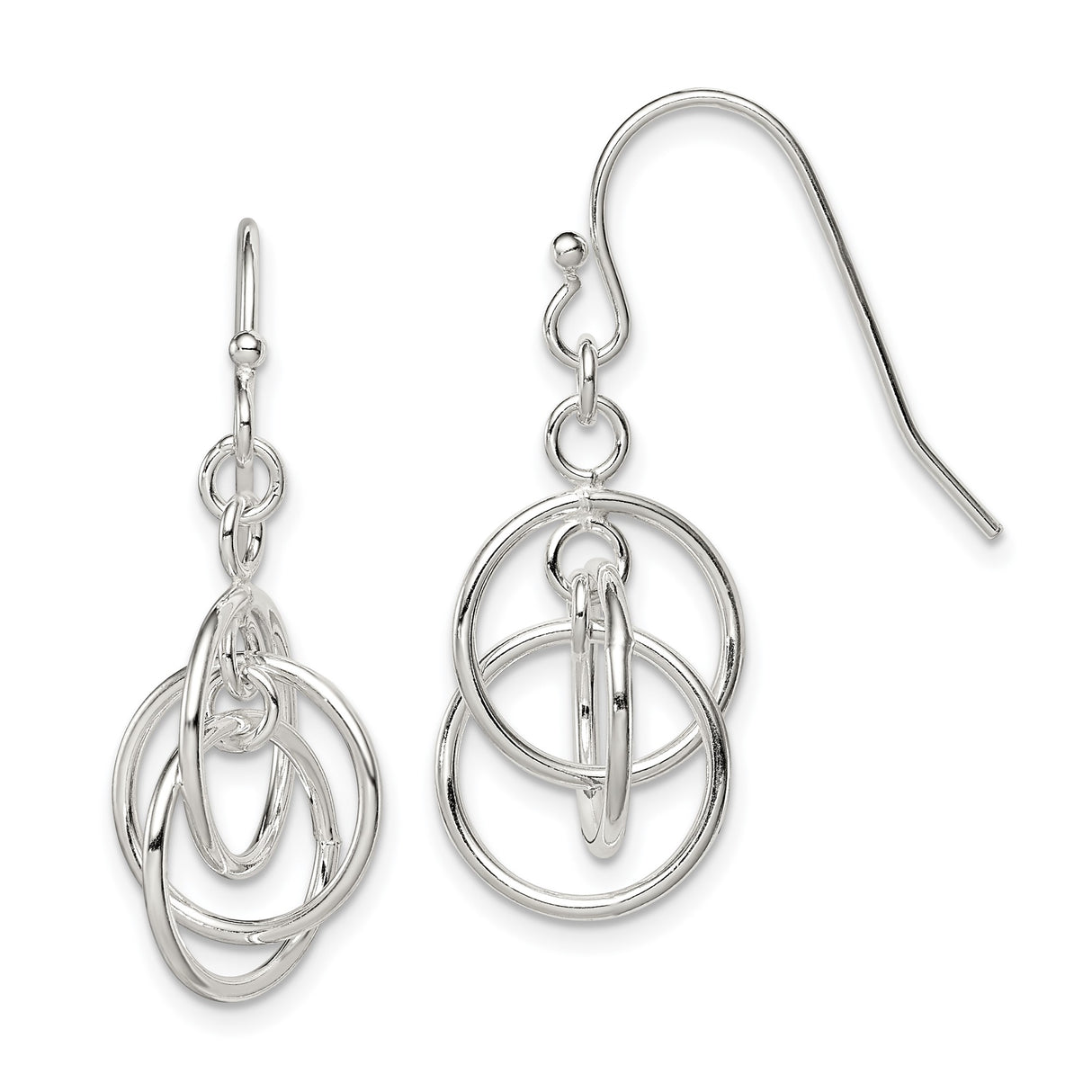Sterling Silver Dangle Earrings with Interlocking Open Circle Hoops, Geometric Drop Design