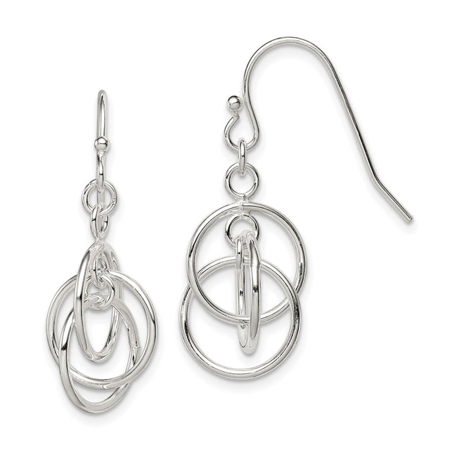 Sterling Silver Dangle Earrings with Interlocking Open Circle Hoops, Geometric Drop Design