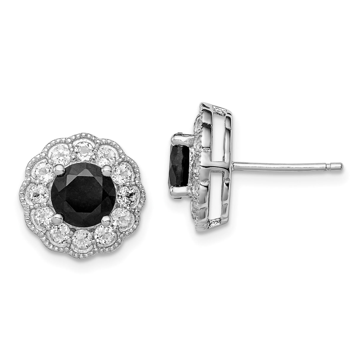 Sterling Silver Stud Earrings with Sapphire and White Topaz, Floral Halo Design