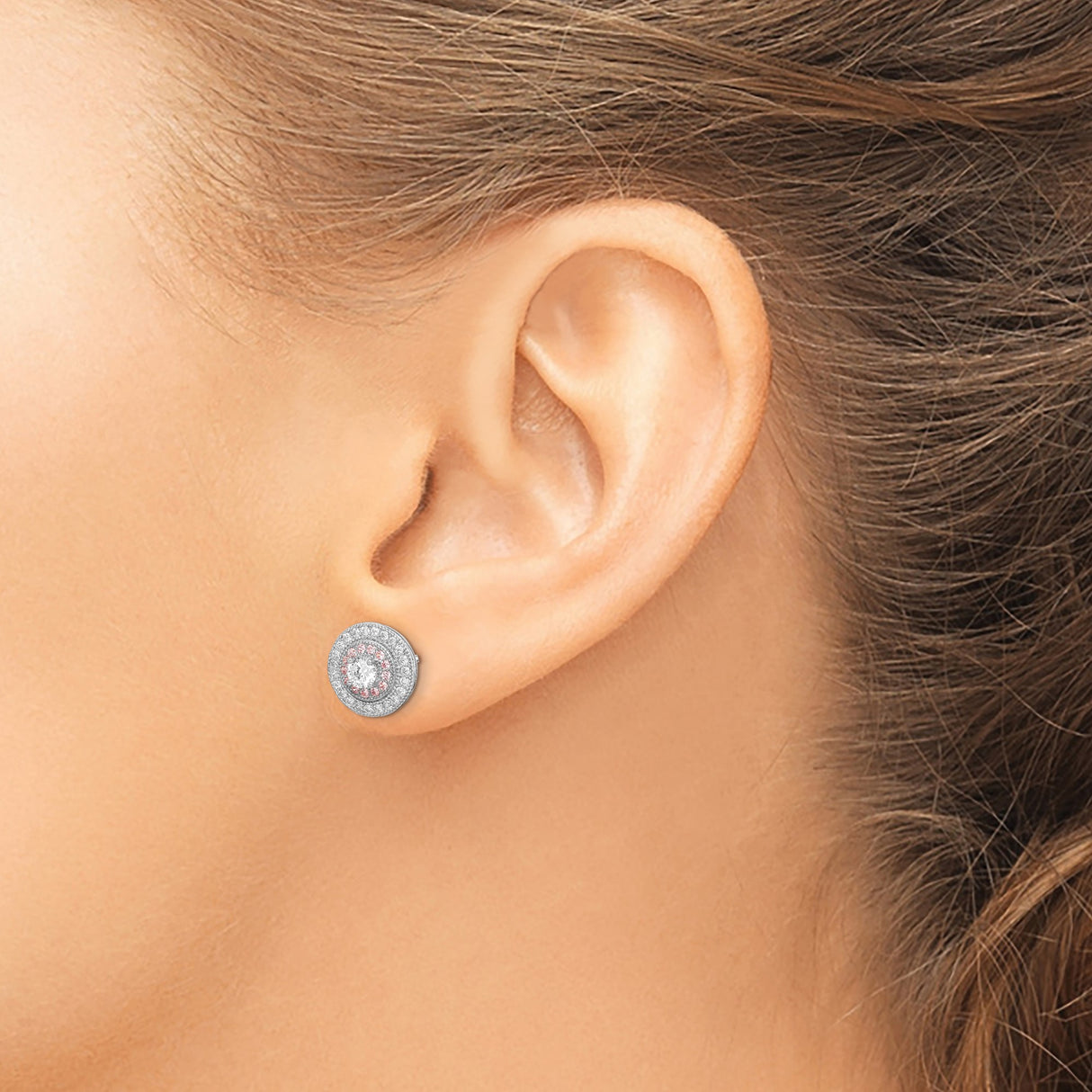 Sterling Silver Halo Stud Earrings with Cubic Zirconia and Rose Accents
