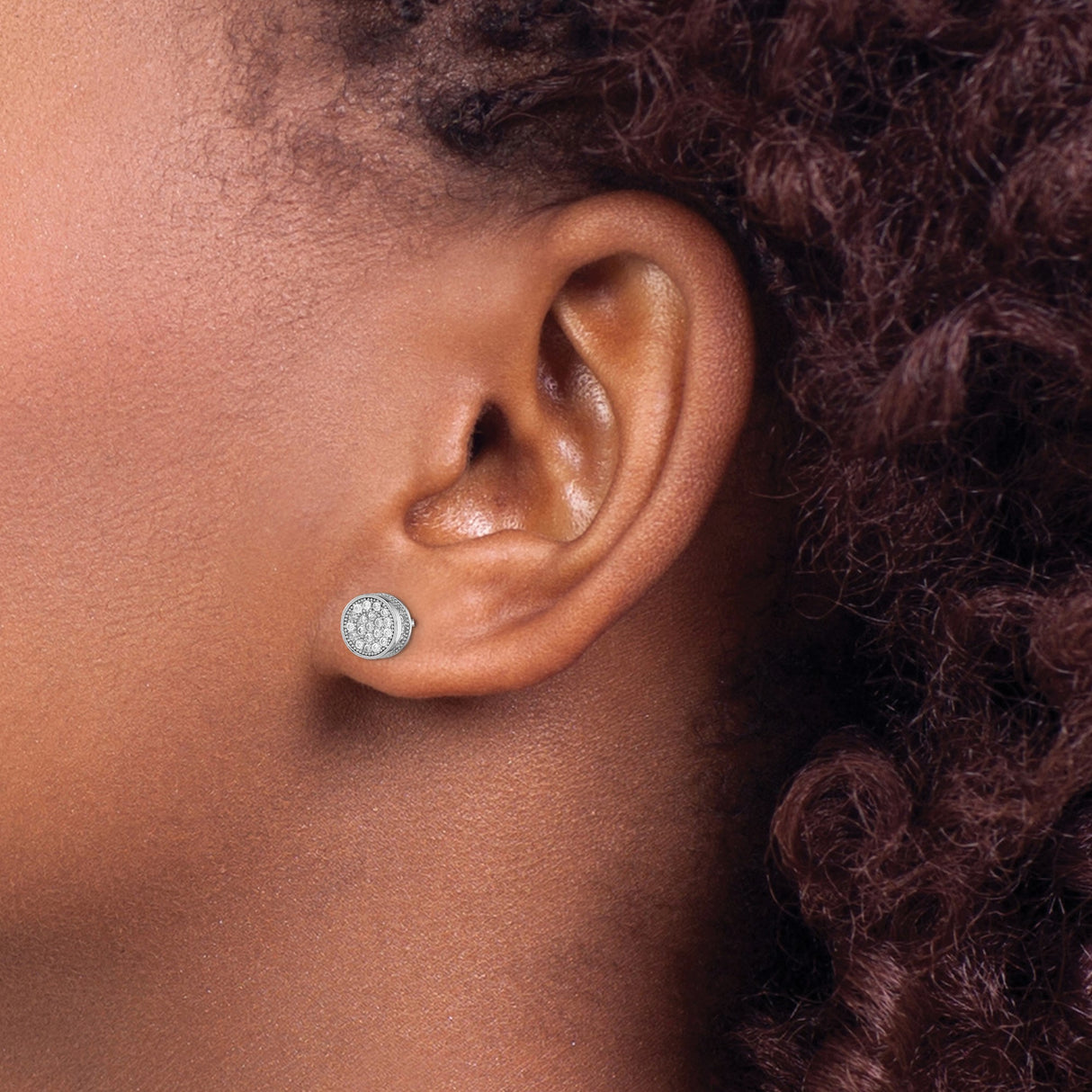Sterling Silver Stud Earrings with Large Clear Cubic Zirconia and Multi-Row Pavé Design
