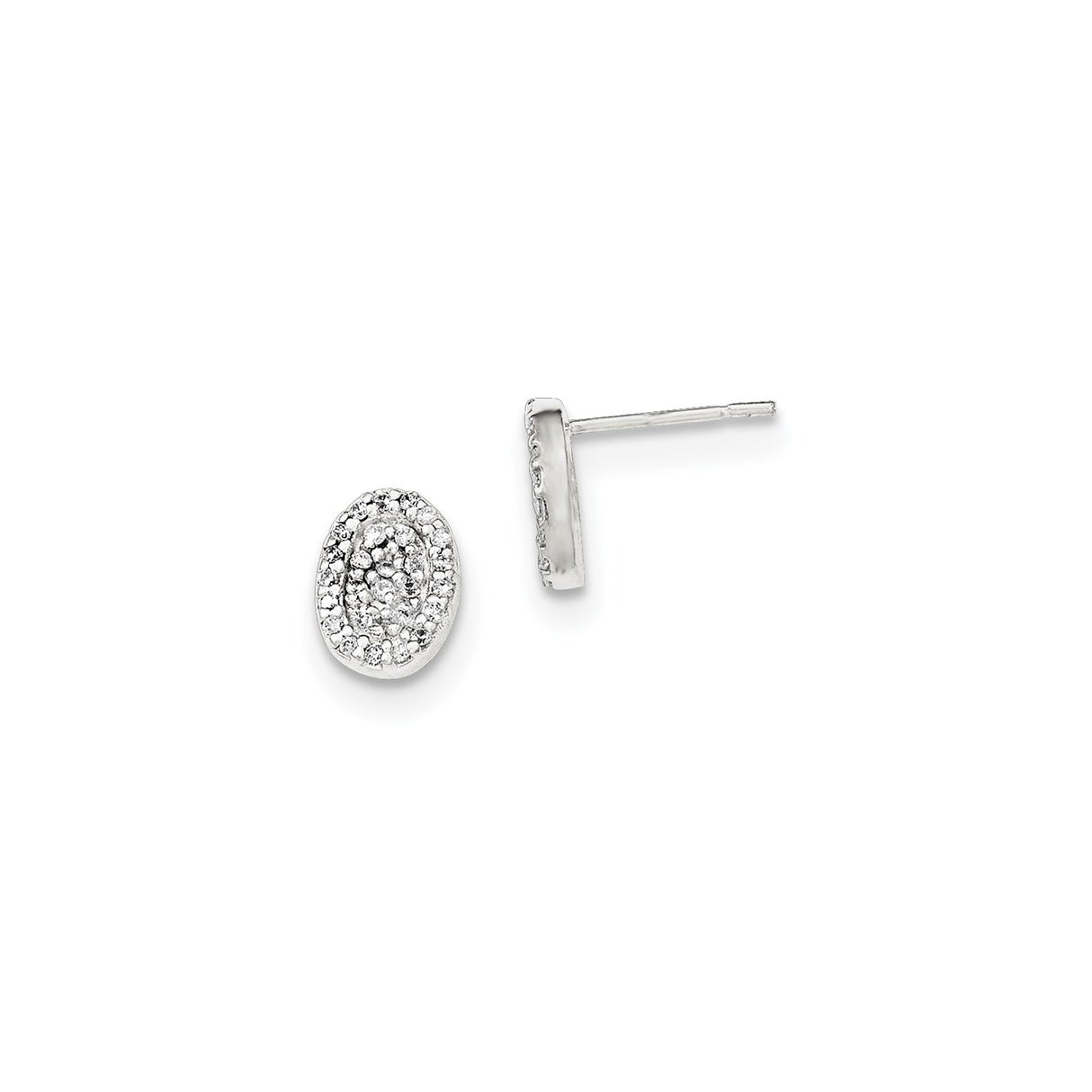 Sterling Silver Oval Stud Earrings with Double Halo and Cubic Zirconia Stones for Women
