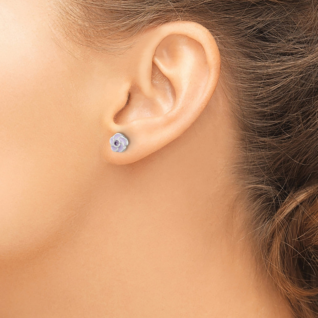 Sterling Silver Flower Stud Earrings with Lavender Enamel and Cubic Zirconia Center