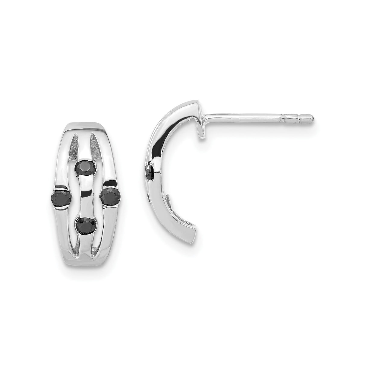 Sterling Silver Hoop Earrings with Three Black Cubic Zirconia, Geometric Minimalist Design for Men