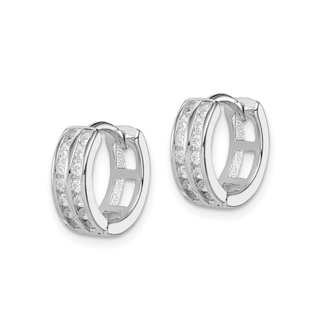 Sterling Silver Hoop Earrings with Double Row Cubic Zirconia, Polished Lightweight Design
