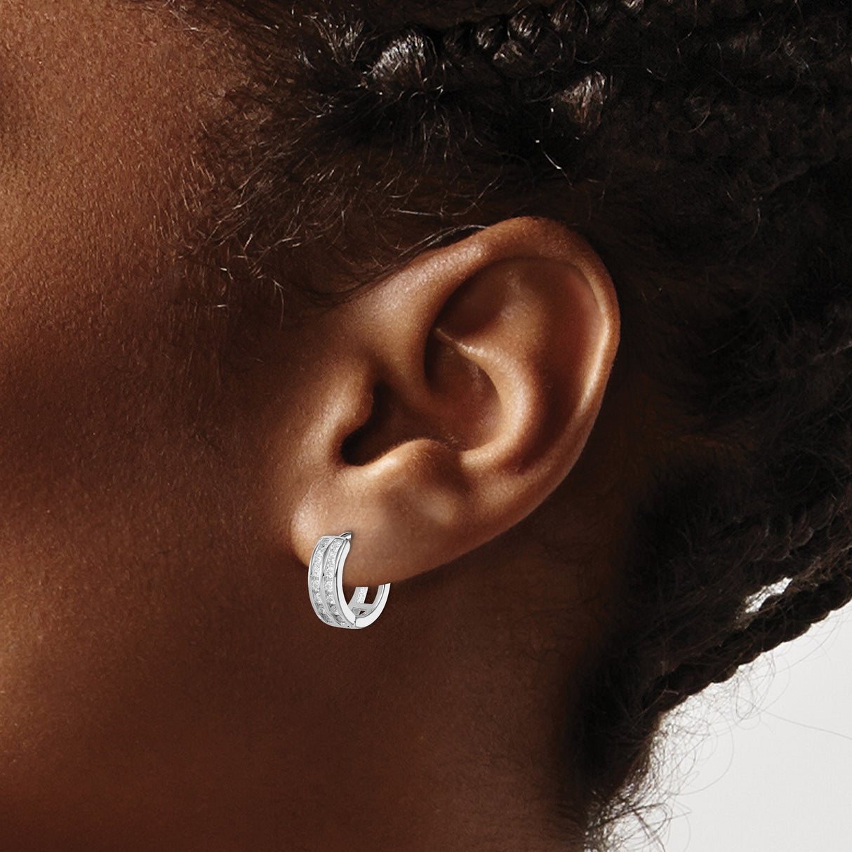 Sterling Silver Hoop Earrings with Double Row Cubic Zirconia, Polished Lightweight Design