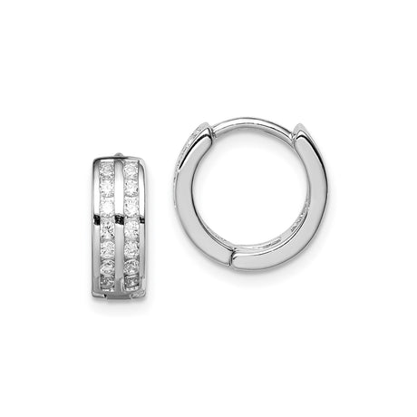 Sterling Silver Hoop Earrings with Double Row Cubic Zirconia, Polished Lightweight Design