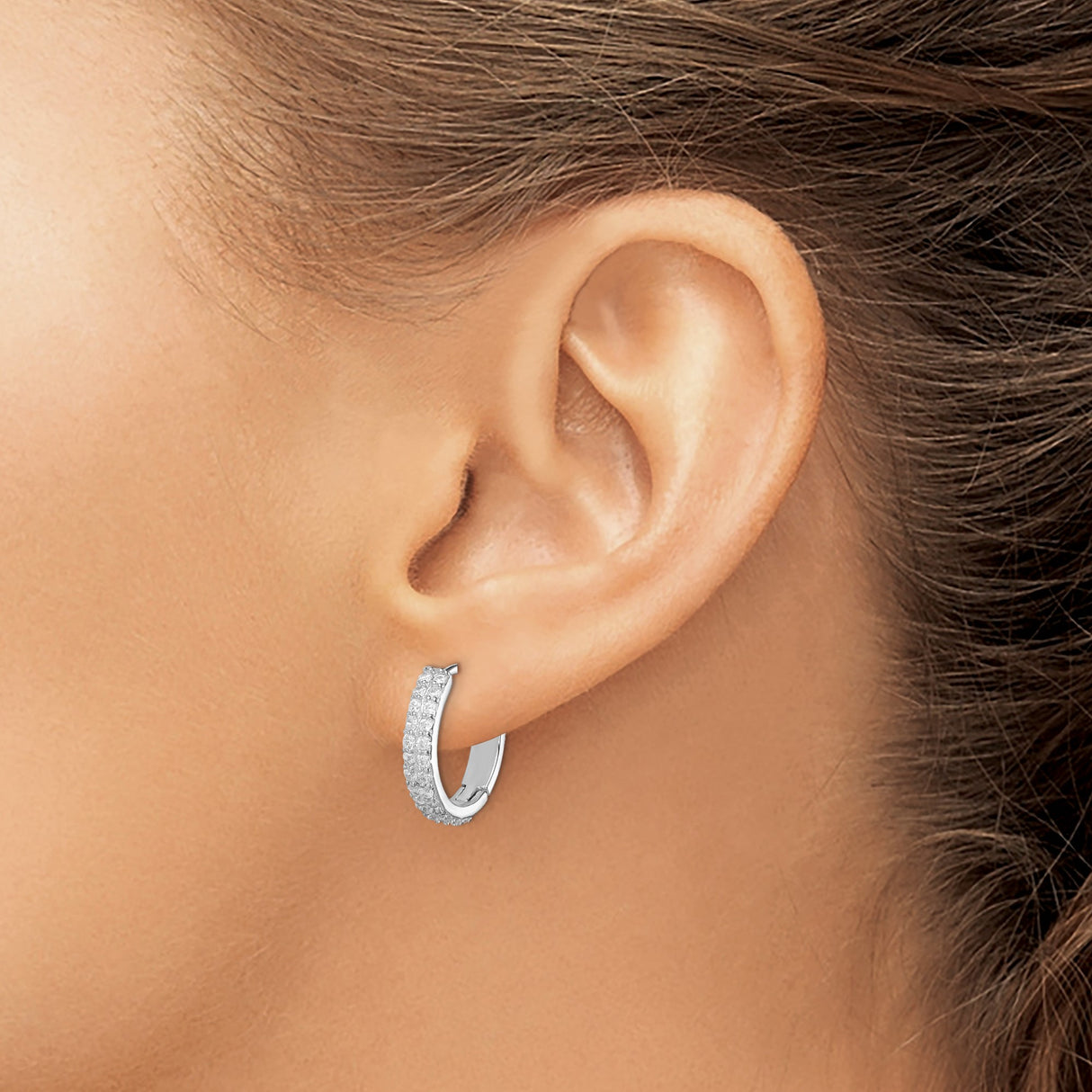 Sterling Silver Hoop Earrings with Pave Cubic Zirconia, Lightweight Hinged Design for Women