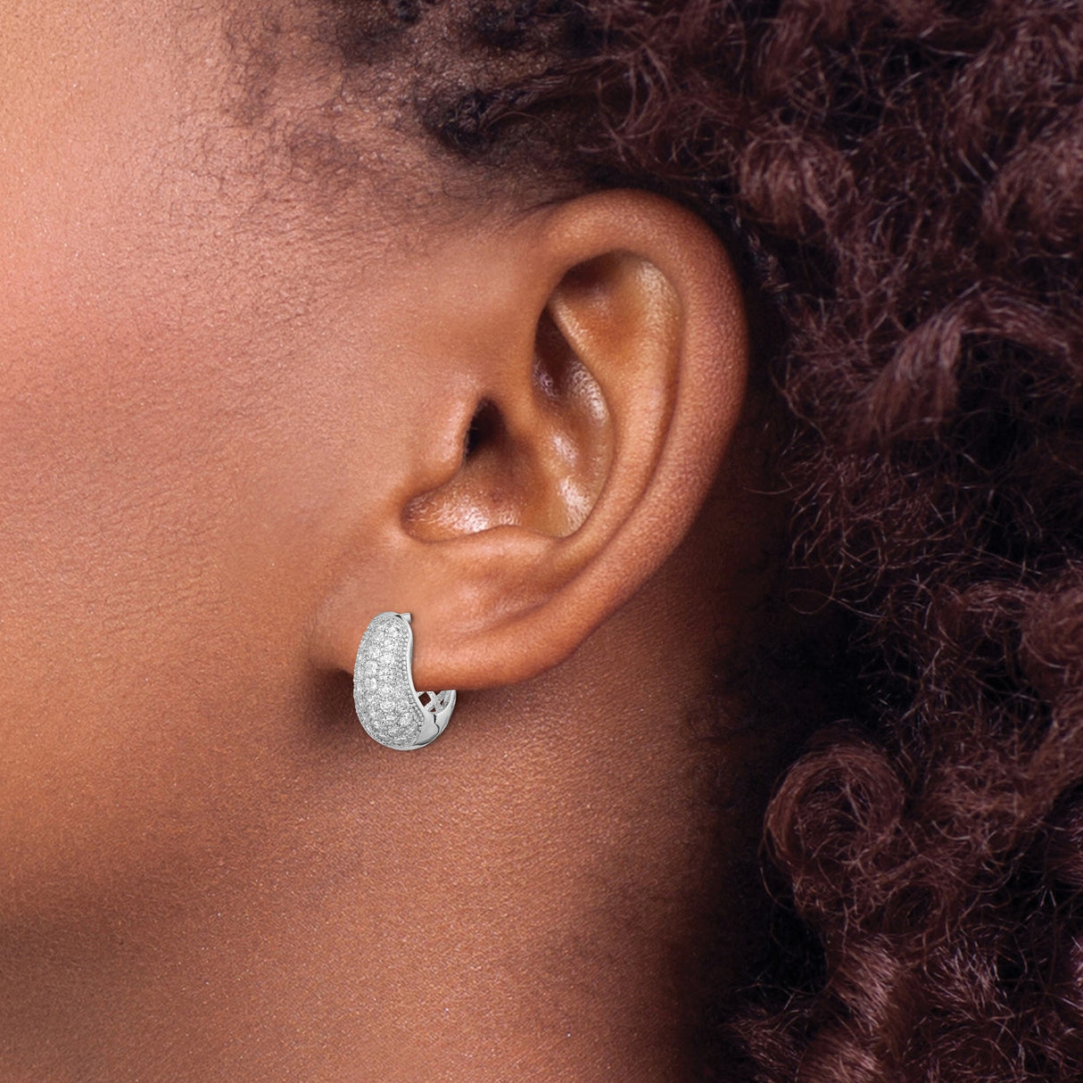 Sterling Silver Hoop Earrings with Pavé Cubic Zirconia, Huggie Style Modern Cutout Design