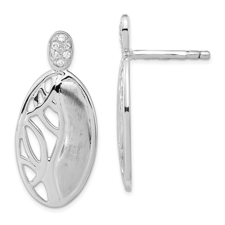 Sterling Silver Oval Stud Earrings with Cubic Zirconia, Openwork Leaf Design, Nature Inspired