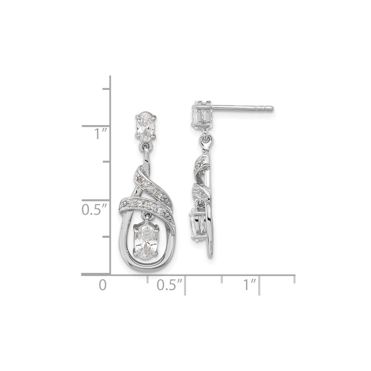 Sterling Silver Dangle Earrings with Cubic Zirconia, Swirl Design, Oval Cut Drop Style