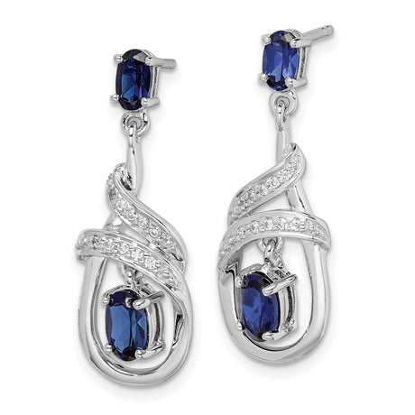 Sterling Silver Dangle Earrings with Blue Sapphire and Cubic Zirconia, Ribbon Twist Design