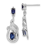 Sterling Silver Dangle Earrings with Blue Sapphire and Cubic Zirconia, Ribbon Twist Design