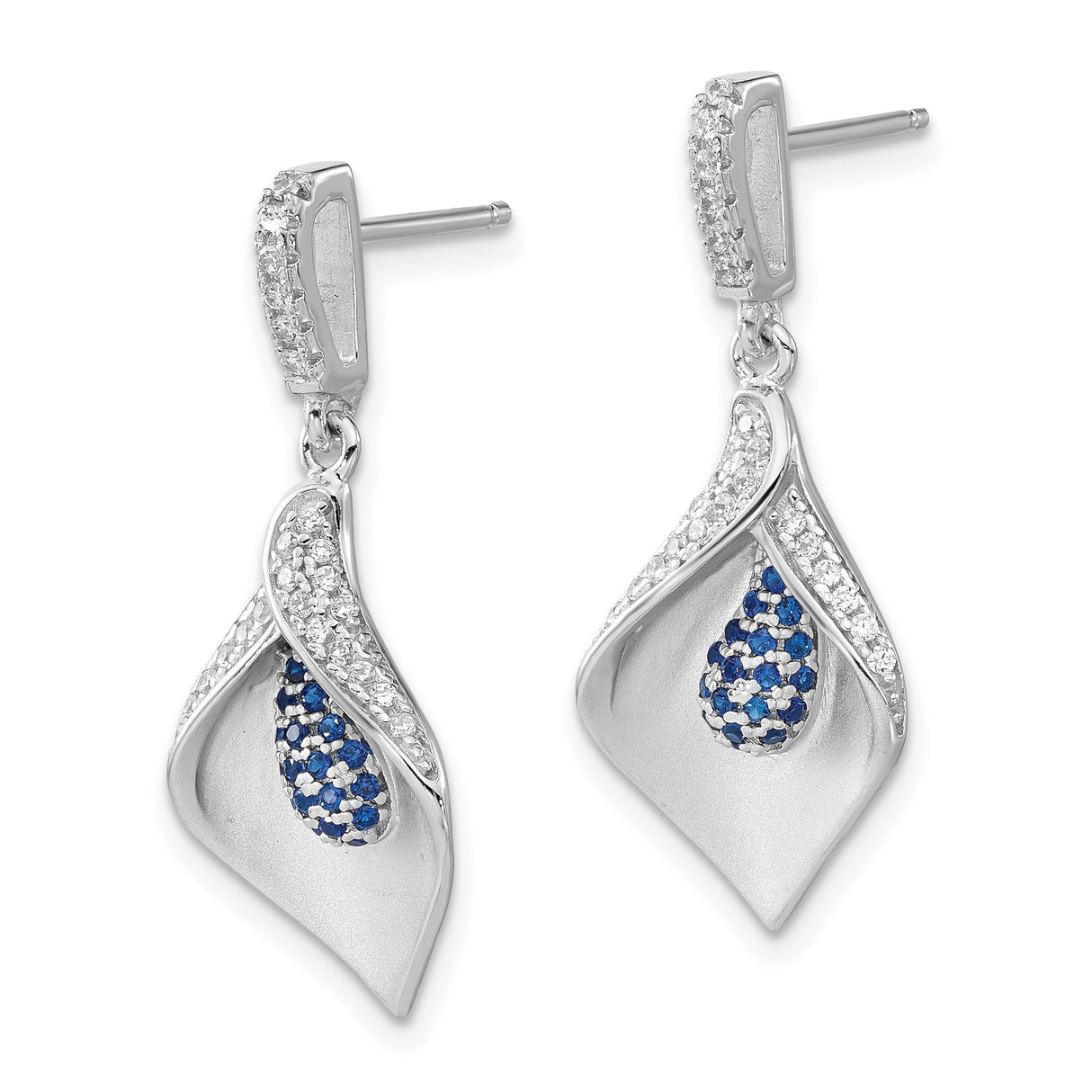 Sterling Silver Drop Earrings with Blue and White Cubic Zirconia, Floral Teardrop Design