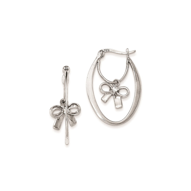 Sterling Silver Drop Earrings with Cubic Zirconia, Oval Hoop and Bow Design for Women