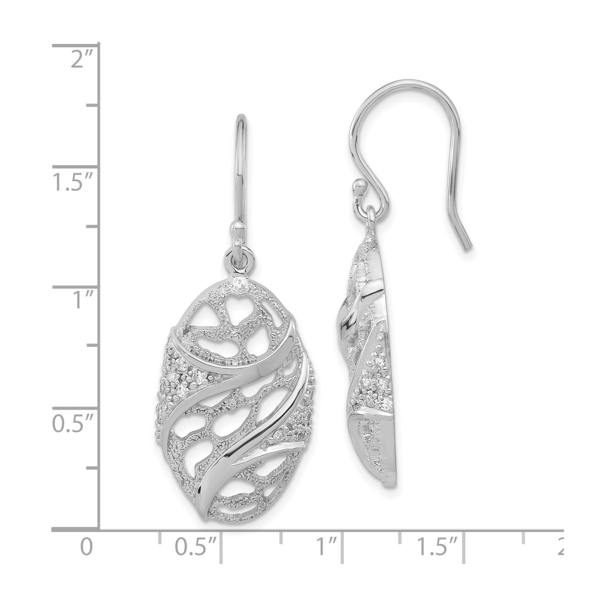 Sterling Silver Heart Dangle Earrings with Cubic Zirconia and Openwork Wave Design