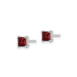Sterling Silver Stud Earrings with Square Cut Red Glass Gemstone, Classic Four Prong Setting