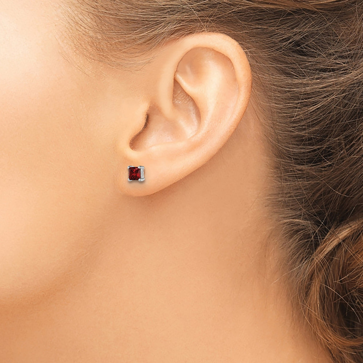 Sterling Silver Stud Earrings with Square Cut Red Glass Gemstone, Classic Four Prong Setting