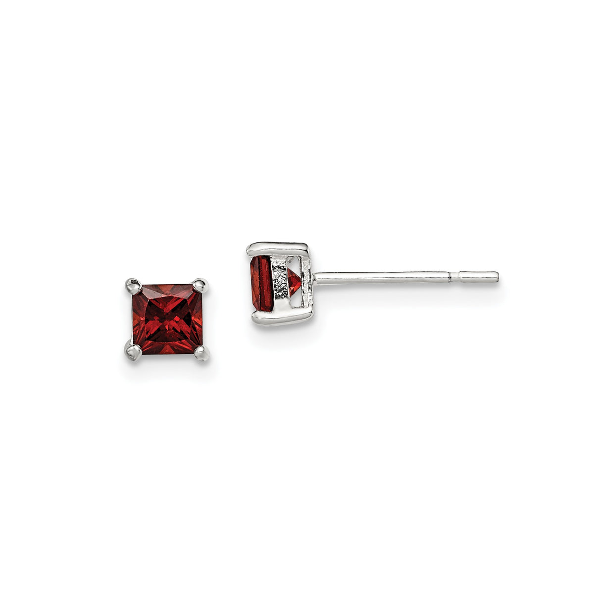 Sterling Silver Stud Earrings with Square Cut Red Glass Gemstone, Classic Four Prong Setting