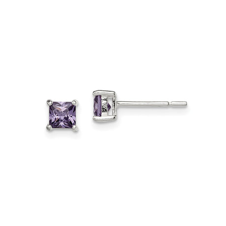 Sterling Silver Stud Earrings with Princess Cut Purple Gemstones, Modern Minimalist Amethyst Crystal Studs, Elegant Square CZ Purple Stone Earrings for Women, Everyday Silver Jewelry Accessory