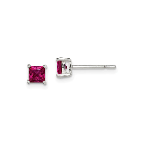 Sterling Silver Stud Earrings with Square Cut Glass, Red Crystal Look, Minimalist Style for Women