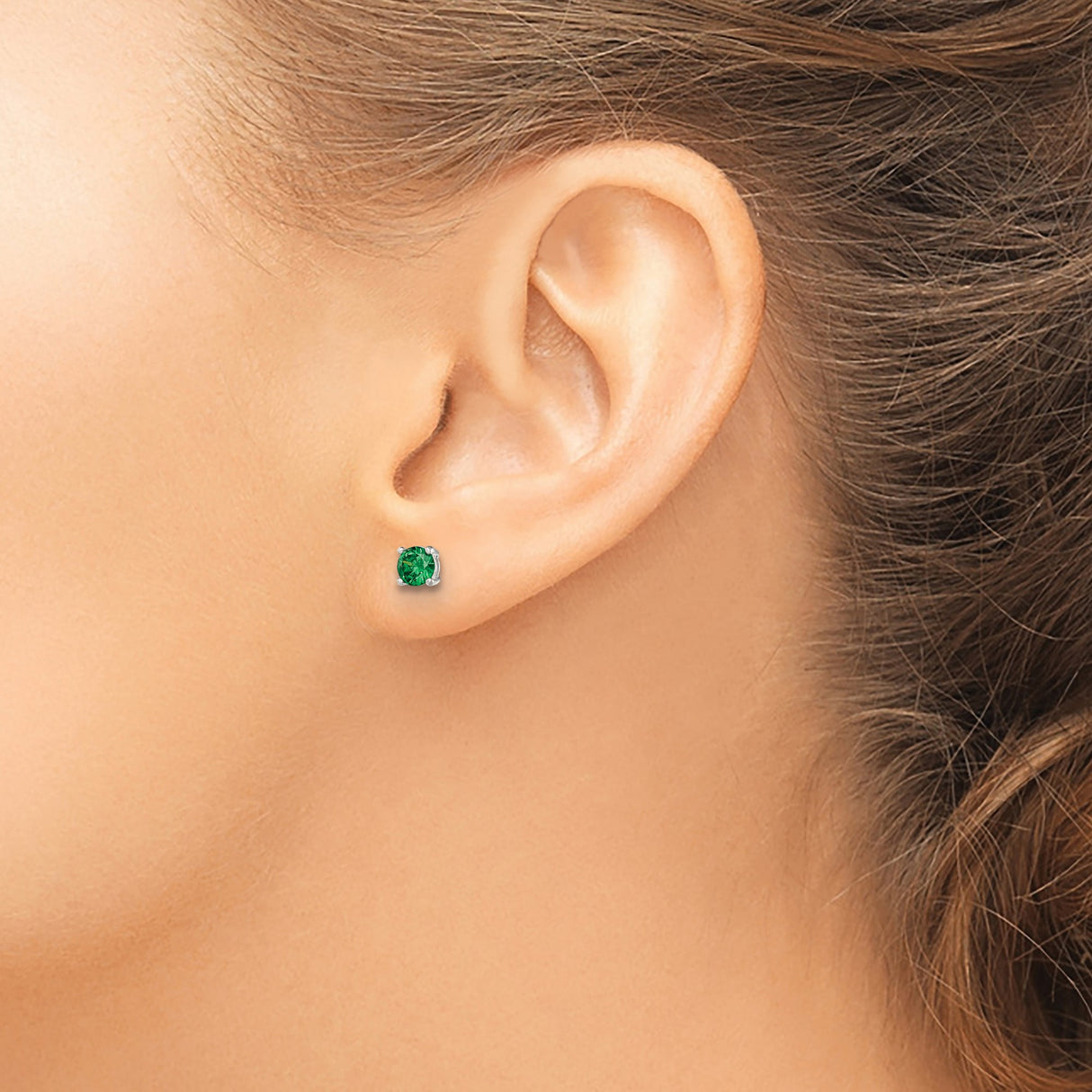 Sterling Silver Stud Earrings with Green Glass Stone, Round Cut in Four Prong Setting