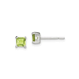 Sterling Silver Stud Earrings with Square Cut Green Peridot, August Birthstone Design