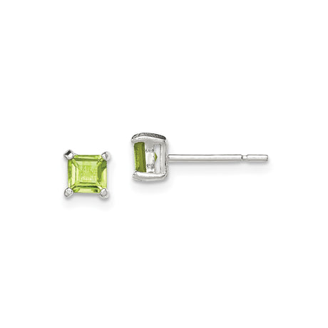 Sterling Silver Stud Earrings with Square Cut Green Peridot, August Birthstone Design