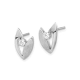 Sterling Silver Leaf Stud Earrings with Cubic Zirconia and Brushed Polished Finish