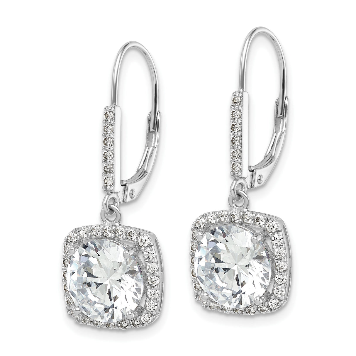 Sterling Silver Dangle Earrings with Cushion Cut Cubic Zirconia and Halo Setting