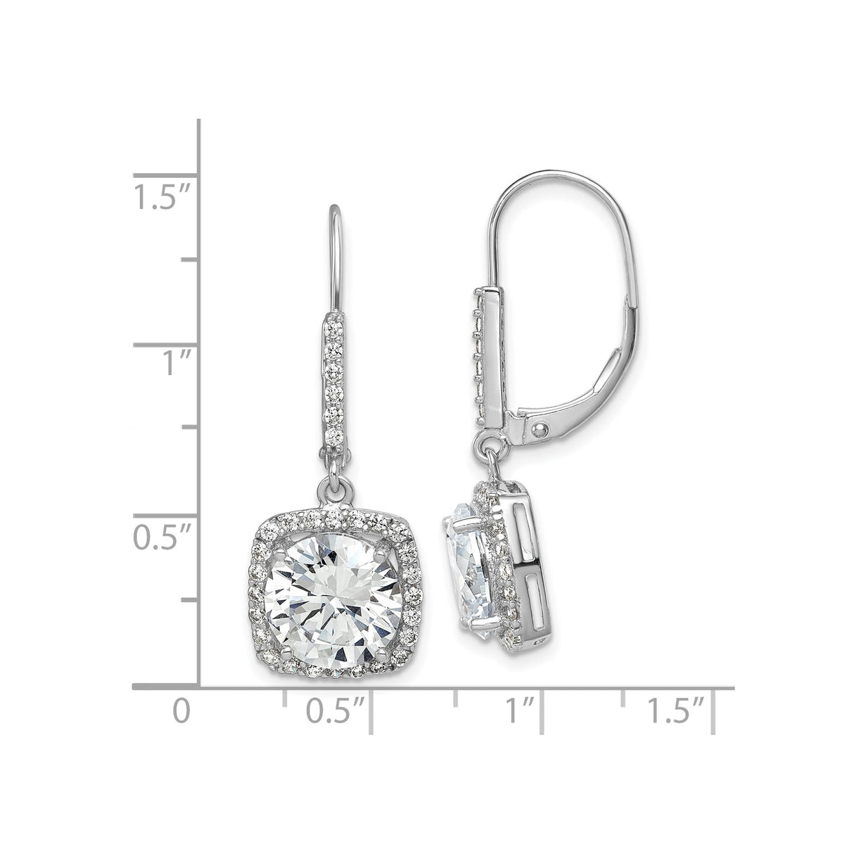 Sterling Silver Dangle Earrings with Cushion Cut Cubic Zirconia and Halo Setting