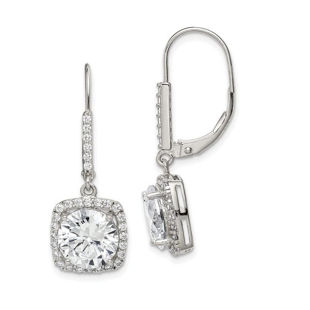Sterling Silver Dangle Earrings with Cushion Cut Cubic Zirconia and Halo Setting