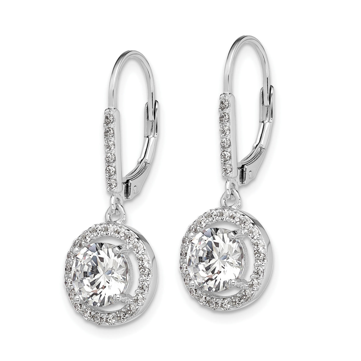 Sterling Silver Drop Earrings with Cubic Zirconia, Round Halo Design and Leverback Closure