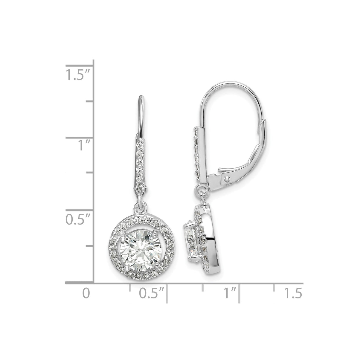 Sterling Silver Drop Earrings with Cubic Zirconia, Round Halo Design and Leverback Closure