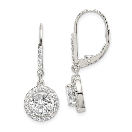 Sterling Silver Drop Earrings with Cubic Zirconia, Round Halo Design and Leverback Closure