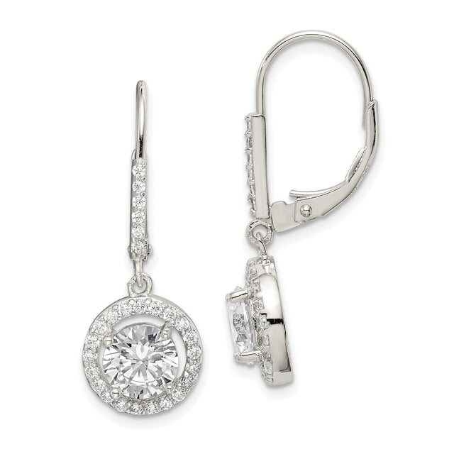 Sterling Silver Drop Earrings with Cubic Zirconia, Round Halo Design and Leverback Closure