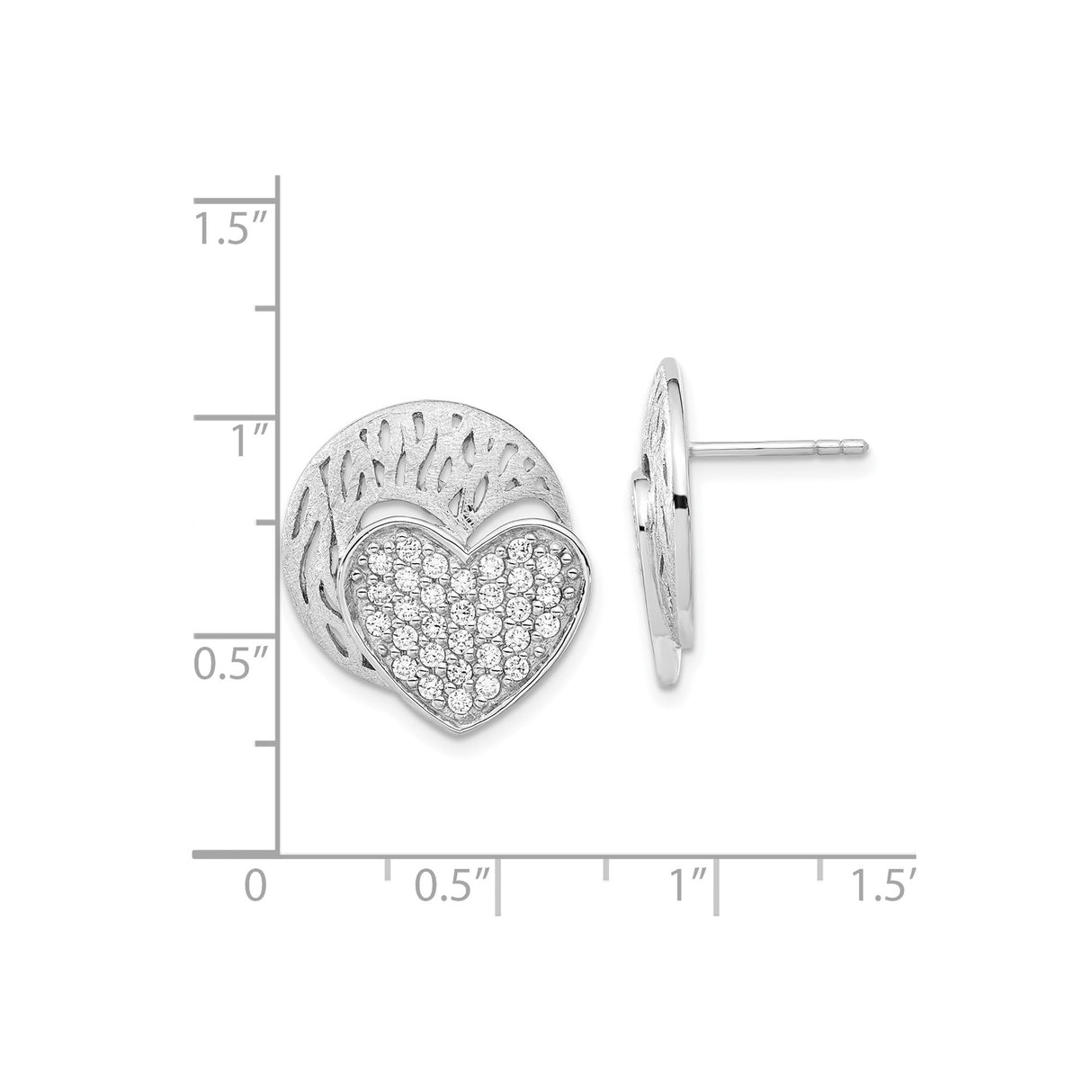 Sterling Silver Stud Earrings with Cubic Zirconia, Pavé Heart and Tree of Life Design