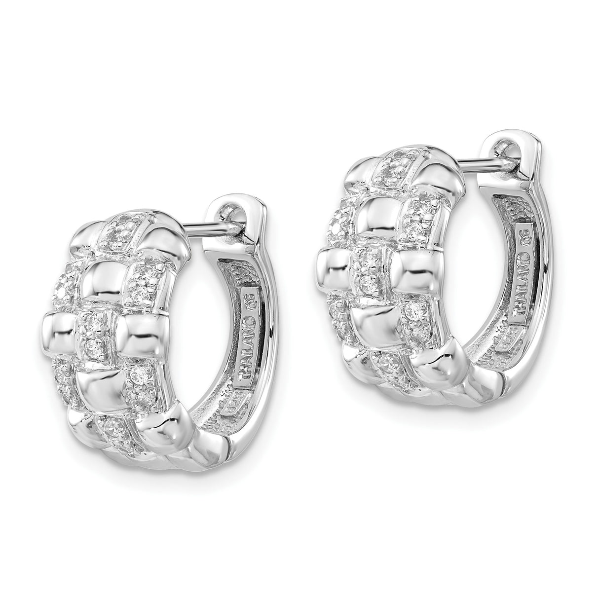 Sterling Silver Hoop Earrings with Cubic Zirconia, Chunky Textured Dome Hinged Style