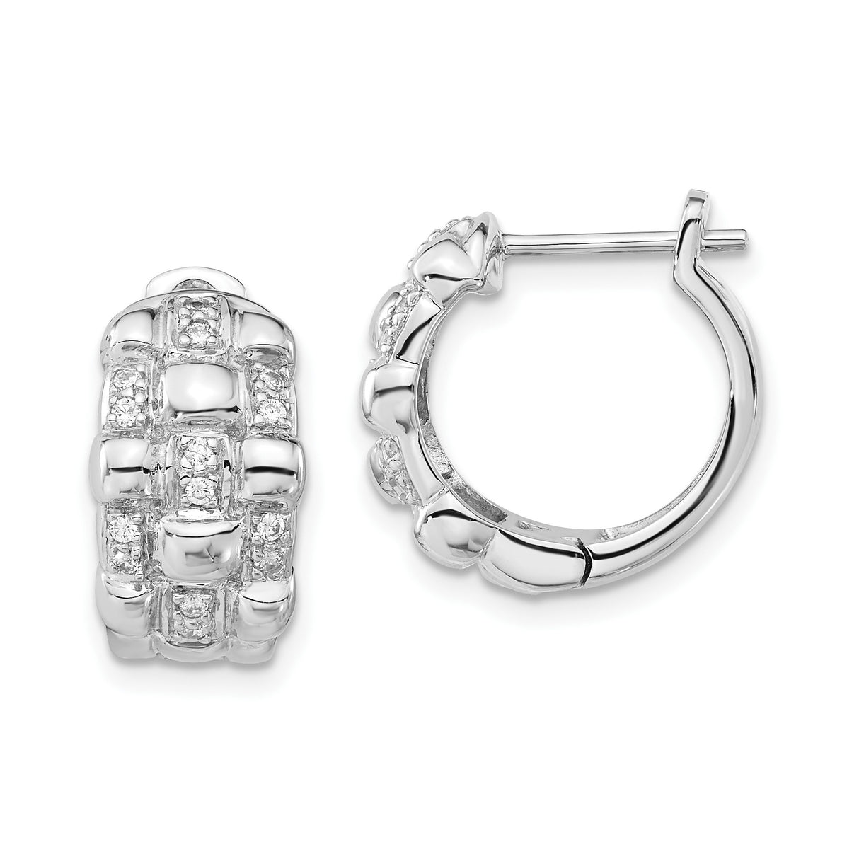 Sterling Silver Hoop Earrings with Cubic Zirconia, Chunky Textured Dome Hinged Style
