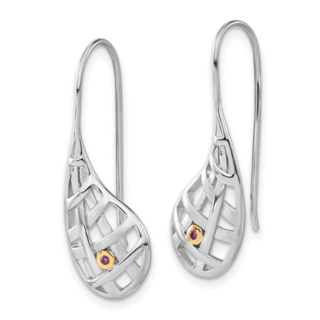 Sterling Silver Teardrop Earrings with Amethyst, Gold-Plated Lattice Design for Women