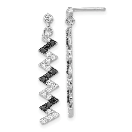 Sterling Silver Drop Earrings with Cubic Zirconia, Zigzag Design, Black and White Stones