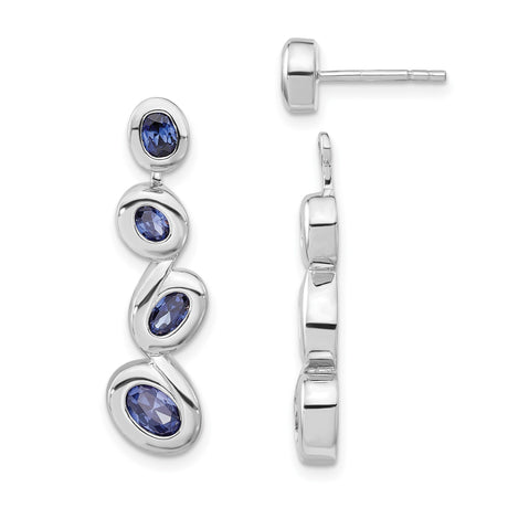 Sterling Silver Drop Earrings with Three Oval Blue Cubic Zirconia, Flowing Contemporary Design