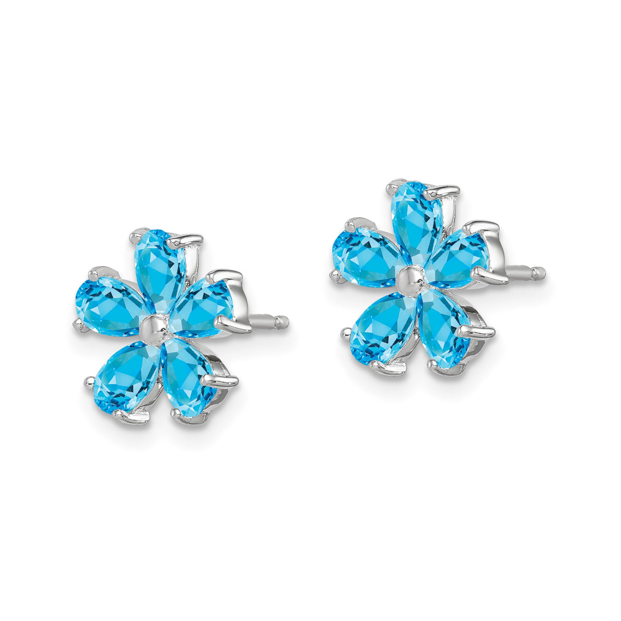 Sterling Silver Flower Stud Earrings with Swiss Blue Topaz Pear Gemstones, Floral Design