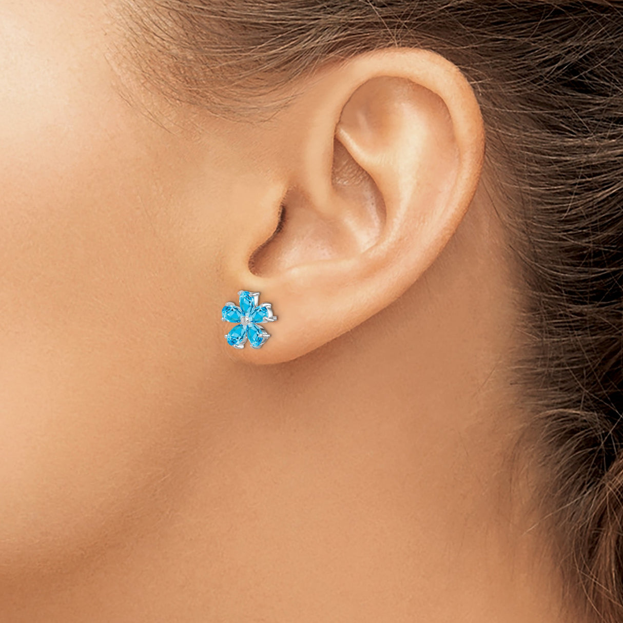 Sterling Silver Flower Stud Earrings with Swiss Blue Topaz Pear Gemstones, Floral Design