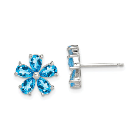 Sterling Silver Flower Stud Earrings with Swiss Blue Topaz Pear Gemstones, Floral Design