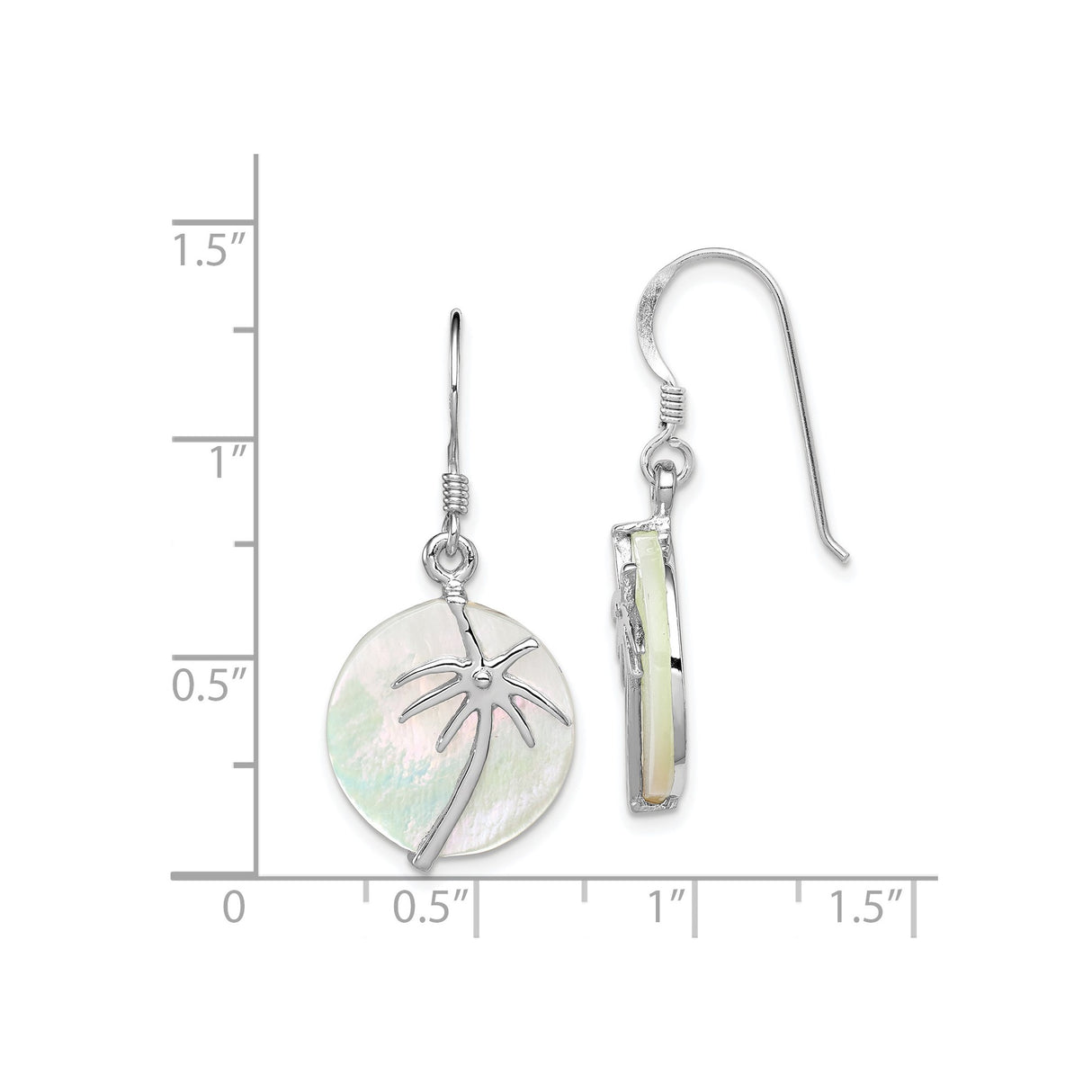 Sterling Silver Dangle Earrings with Round Mother-of-Pearl Discs, Palm Tree Design