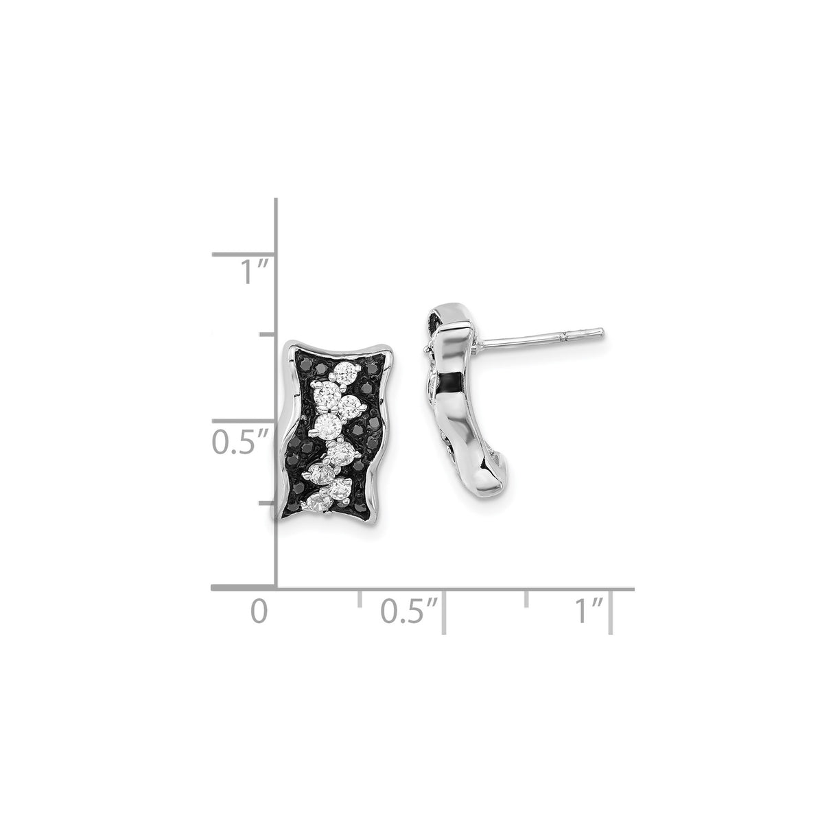Sterling Silver Stud Earrings with Black and White Cubic Zirconia, Wavy Geometric Design
