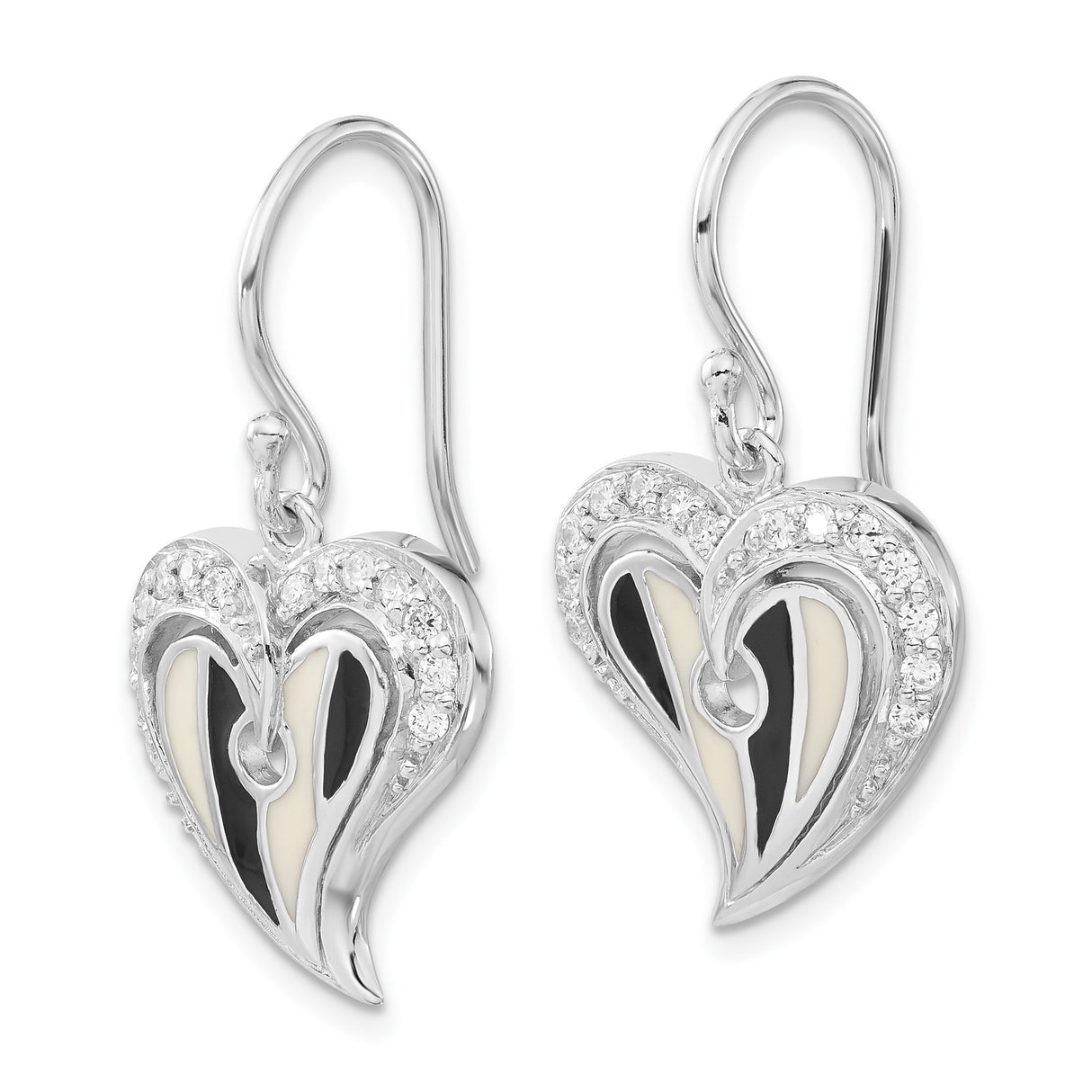 Sterling Silver Heart Dangle Earrings with Cubic Zirconia and Black and White Enamel