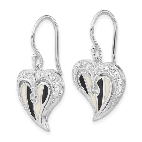 Sterling Silver Heart Dangle Earrings with Cubic Zirconia and Black and White Enamel
