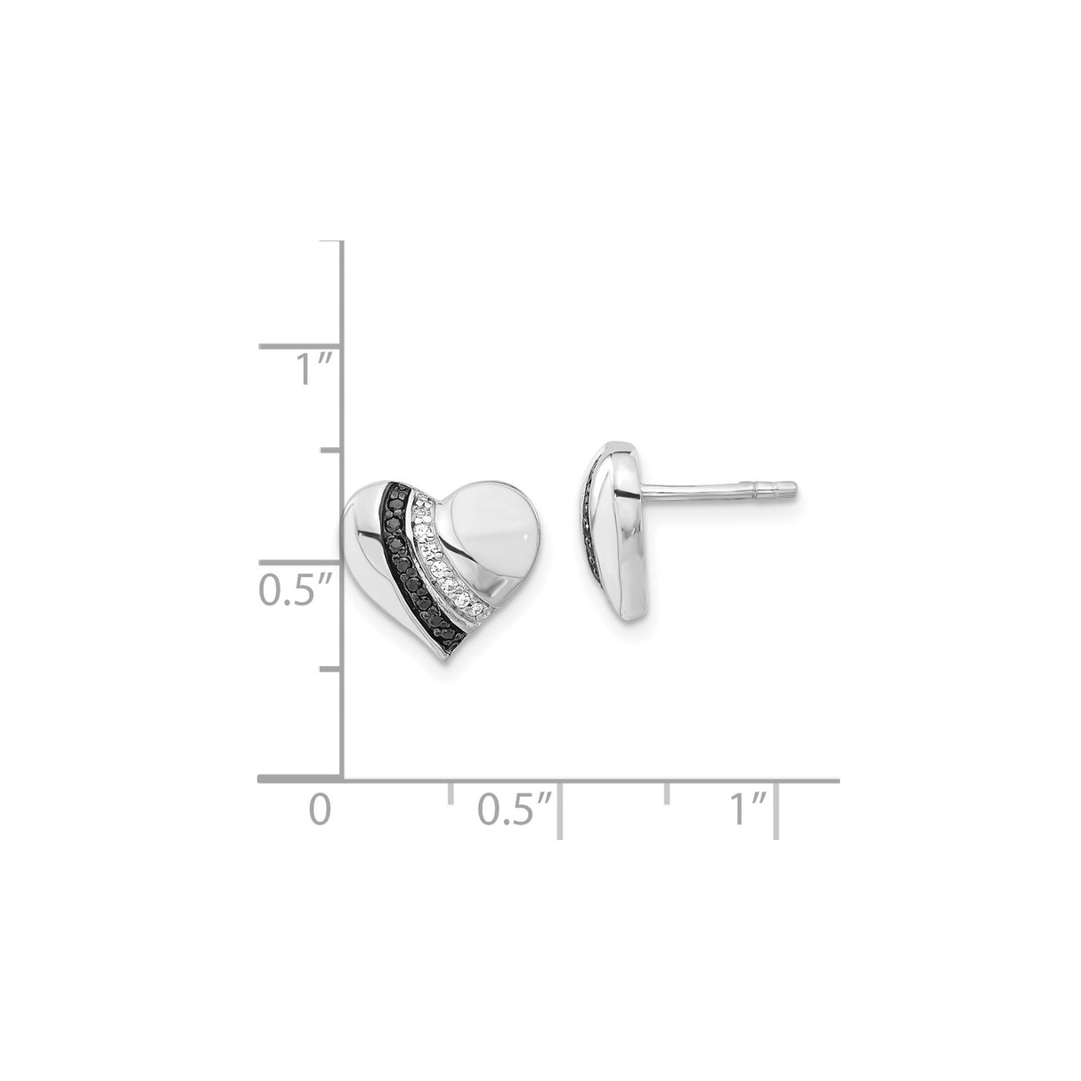 Sterling Silver Heart Stud Earrings with Black and White Cubic Zirconia, Diagonal Stripe Design